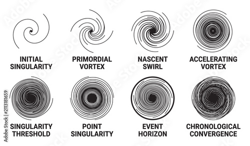 Eight abstract vortex spiral icons representing cosmic phenomena and time concepts.