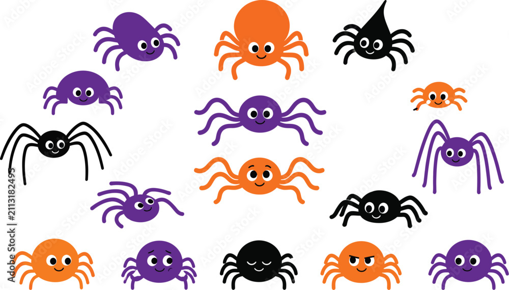 Obraz premium Cute cartoon spiders with smiling faces for Halloween decorations. Friendly vector arachnids in purple, orange, and black for festive designs.