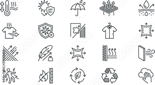 Fabric Feature and Garment Property Line Icon Set with Technical Textile Quality SymbolsFabric Feature and Garment Property Line Icon Set with Technical Textile Quality Symbols