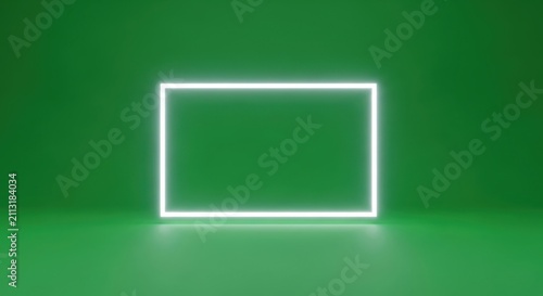 Luminous Geometric Neon Rectangle Emitting Soft Radiance Over A Verdant Reflective Surface Perfect For Futuristic And Abstract Design Concepts