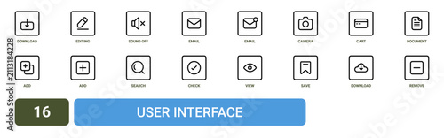 Bild auf Leinwand Set of 16 outline web User Interface icons such as remove, download, save, view,