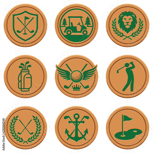Collection of nine pixelated golf icons and emblems in round frames with green and brown tones, featuring golf clubs, bag, cart, player, lion, anchor, and flag