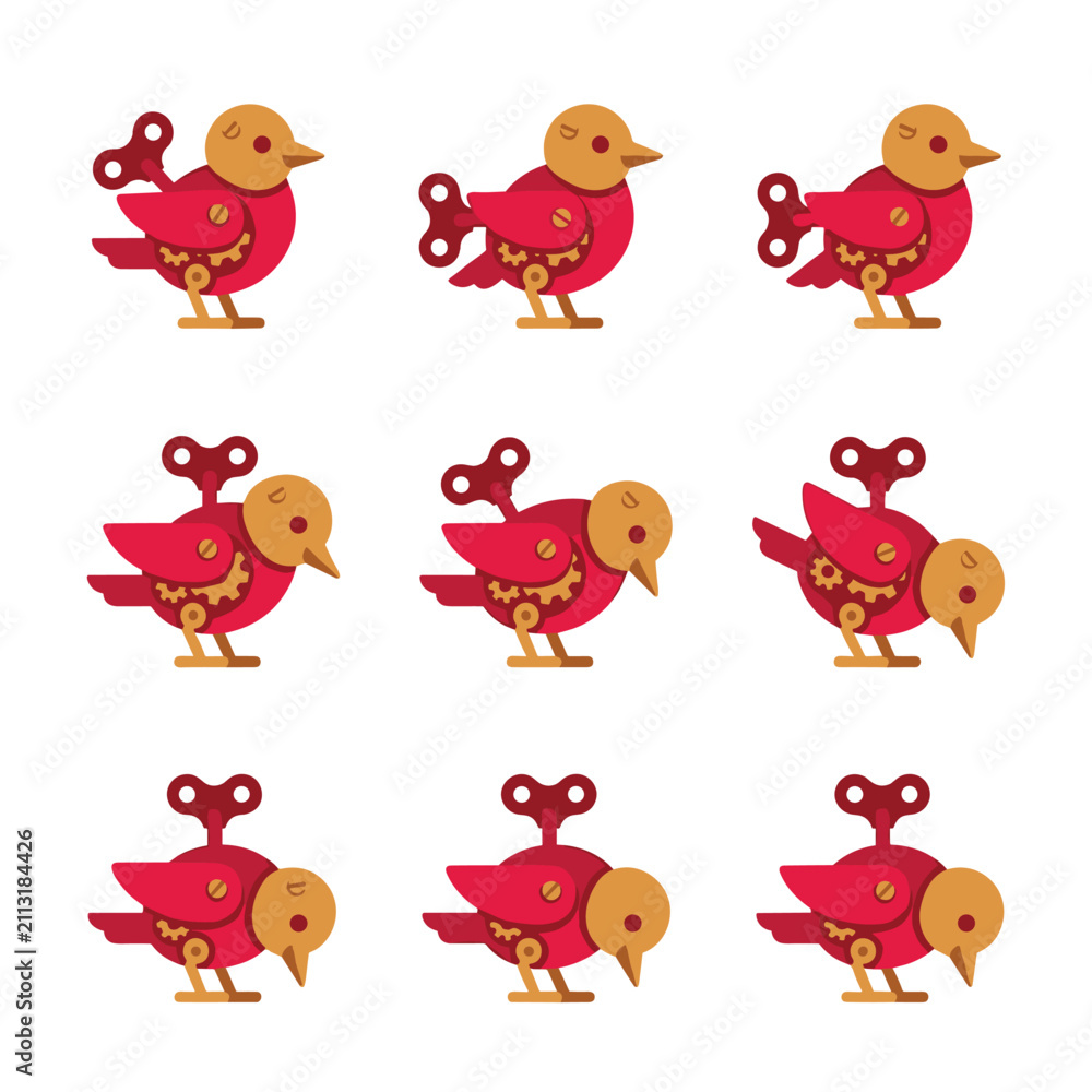 Naklejka premium Collection of pixel art wind-up toy birds with red and gold metallic details and a key mechanism, isolated on white, retro mechanical design