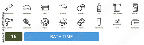 Set of 16 outline web Bath Time icons such as moisturizer, soap, toothpaste, sponge, hand, sponge, hand mirror vector icons for report, presentation, diagram, web design, mobile app