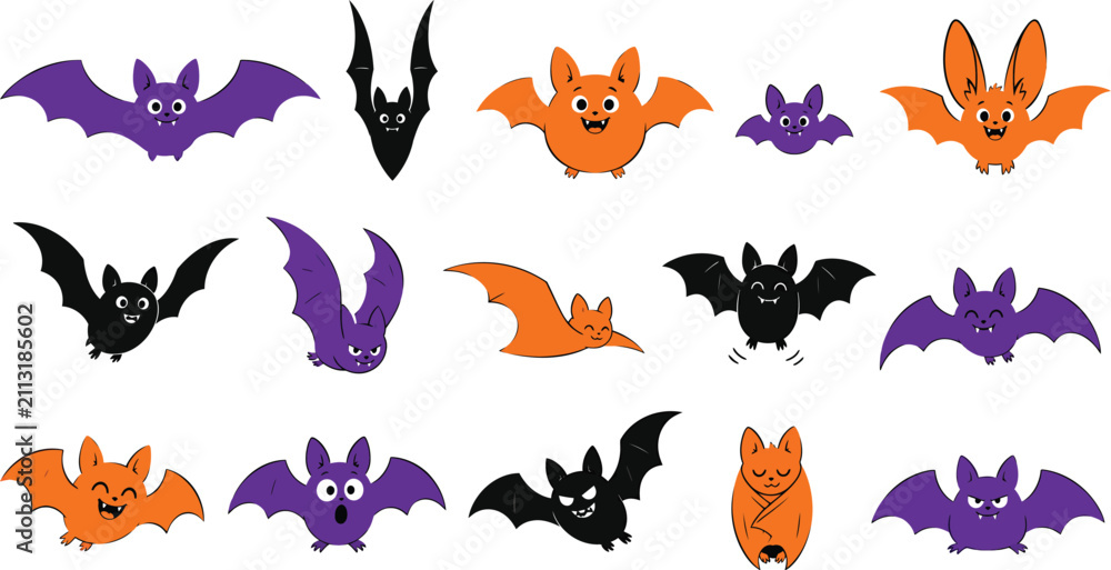 Obraz premium Cute cartoon bats flying and smiling for Halloween decorations. Friendly vector bat illustrations in purple and orange for kids party designs.