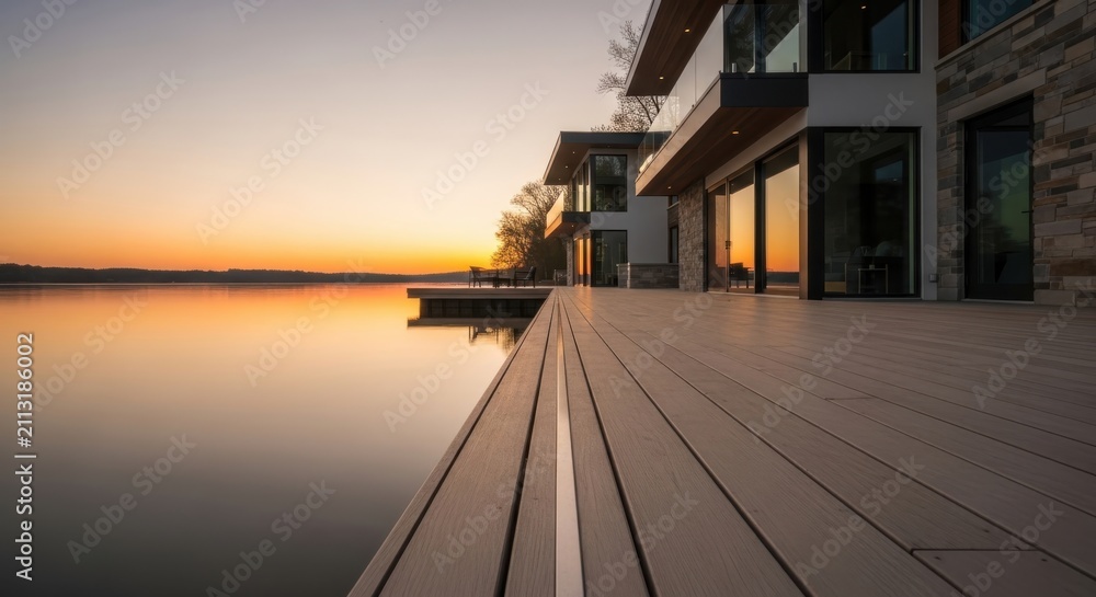 Obraz premium Luxurious waterfront residence at sunset with expansive deck reflecting golden hues on calm water evoking tranquility and sophisticated architectural design perfect for upscale living.