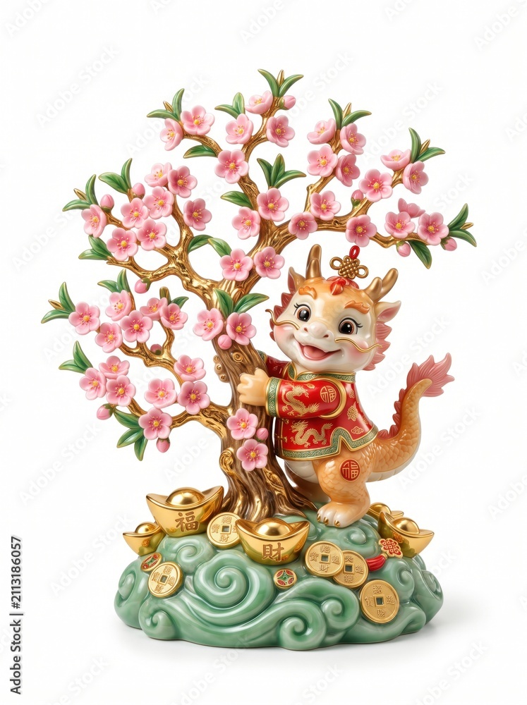 Fototapeta premium Luxury adorable Lunar New Year dragon mascot embracing flowering peach blossom tree with glossy pink blossoms golden branches on jade clouds featuring gold ingots resin