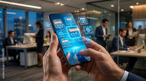 Modern business app on smartphone with team working in office background