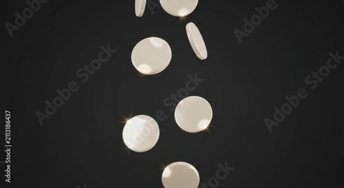 Numerous luminous shimmering round metallic discs gracefully descend against a deep velvety abyss evoking notions of fortune currency exchange and celestial bodies in motion.
