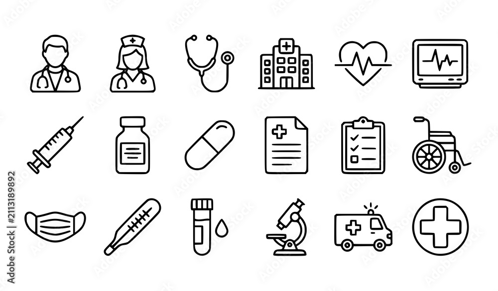 Naklejka premium Healthcare Outline Icon Collection with Doctor Hospital Medicine and Medical Equipment Vector Symbols
