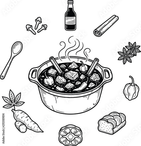 Photos Cooking Pot with Hot Caribbean Pepperpot Stew Surrounded by Traditional Ingredie