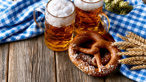 Oktoberfest beer mugs with pretzel wheat and Bavarian cloth on rustic table