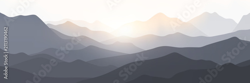 Sunrise in the mountains, ridges in the morning light, minimalistic landscape, vector illustration