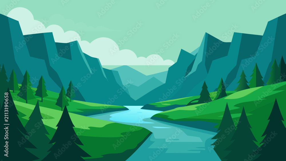 Fototapeta premium Hidden Emerald Valley with Crystal River Flat Vector Landscape