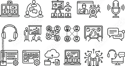 Online video conference and remote team collaboration line icon set with digital business communication and webinar symbols