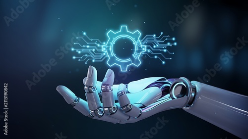 Robotic hand holding digital gear symbol representing artificial intelligence automation and smart technology