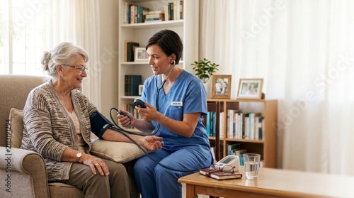 Senior woman receiving healthcare consultation at home.