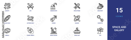 Принти на полотні Set of 15 outline web Space and Galaxy icons such as ufo, space car, space colon