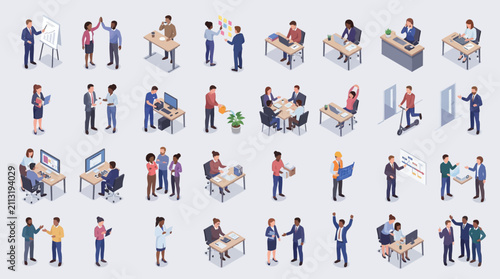 diverse office scene illustrating collaboration and individual work in modern workspace environment with various employees