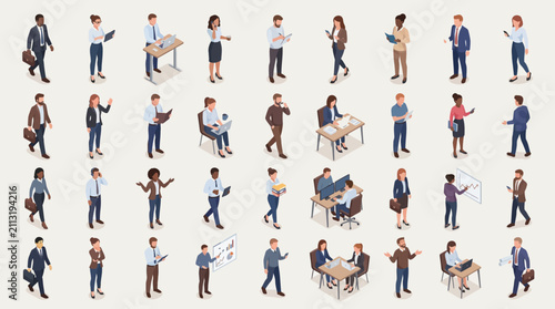 Diverse professionals engaging in work activities in a modern office environment showcasing collaboration and individual tasks