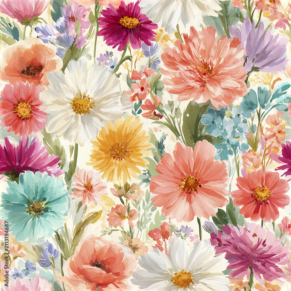 Fototapeta premium Seamless watercolor floral pattern with cheerful colorful flowers in soft pastel tones