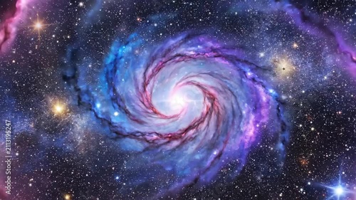 Vibrant spiral galaxy swirling in deep space with glowing stars, colorful nebulae, and a brilliant cosmic center