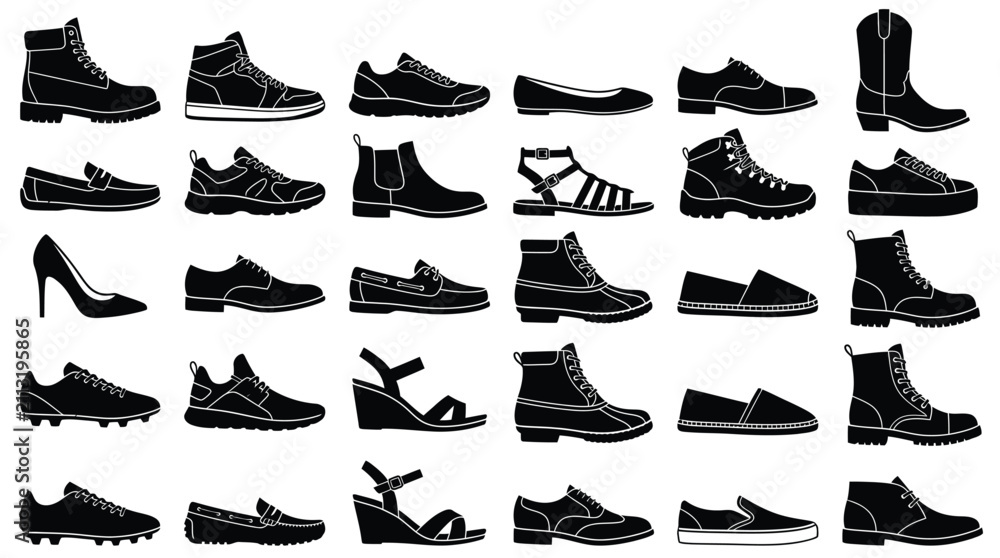 Obraz premium Collection of diverse footwear silhouettes presented as a clean black and white vector graphic illustration design