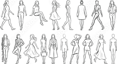 Female Fashion Model Poses Icon Set Vector Collection Featuring Walking, Standing, Sitting, Casual Wear, Dresses, Trench Coat, and Leather Jacket