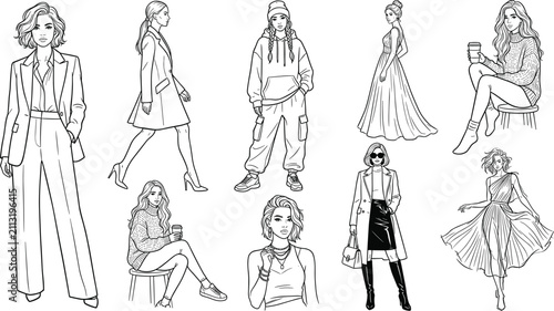 Modern Women Fashion and Lifestyle Line Art Icon Set Vector Collection Featuring Suits, Streetwear, Evening Gowns, and Casual Poses