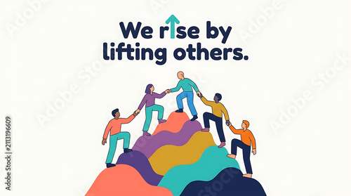 Illustration of people helping each other climb a colorful mountain representing teamwork