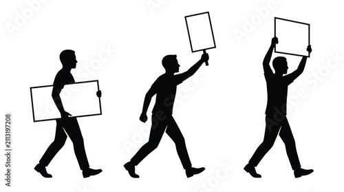 Canvas Print Black silhouette vector illustration of protest men walking with blank signs on