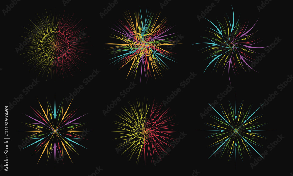 Fototapeta premium Colorful fireworks explodes in various shapes and sizes on dark background