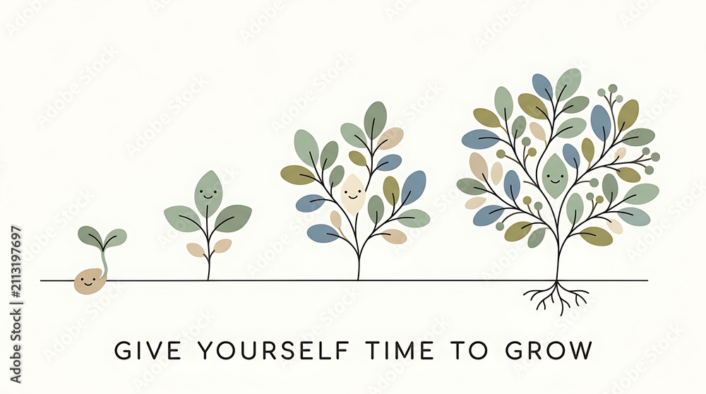 Obraz premium Plant lifecycle diagram giving yourself time to grow illustration with lifecycle seedling progress
