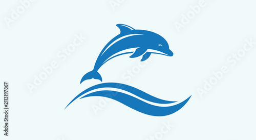 A simple blue icon of a dolphin jumping over a stylized ocean wave