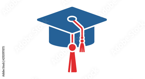 A simple blue graduation cap icon with a red tassel on a white background