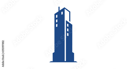 A simple blue icon representing a tall modern office building structure