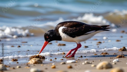 A bird with a black head, back, and wings, white underparts, and a long, bright red beak is foraging on a sandy shore