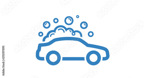 A simple blue icon representing a vehicle being washed with soap bubbles