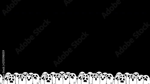 Seamless looping cartoon animation of cute, spooky ghosts at bottom edge on a transparent alpha channel for background overlays, decorative banners, social media content, Halloween holiday promotions.