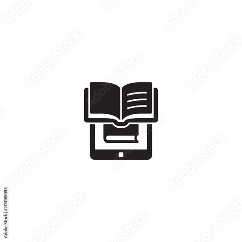 Black open book icon on a digital tablet screen