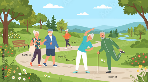 Active senior citizens exercising and walking in a beautiful green park landscape.