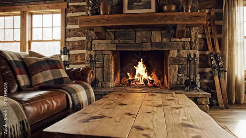Cozy rustic log cabin interior featuring a warm stone fireplace, leather sofa, and wooden coffee table