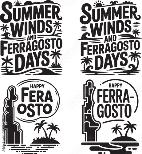 Summer Winds and Ferragosto Days Inspirational Quotes with Palm Trees Sunsets and Beach Sunset Scenes in Artistic Black and White Design for Travel and Vacation Enthusiasts