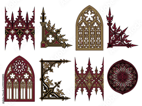 Gothic Medieval Decorative Ornate Architectural Elements Vector Collection