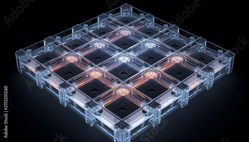 Abstract transparent geometric lattice structure featuring glowing internal lighting elements against dark background high angle view with displays intricate transparent