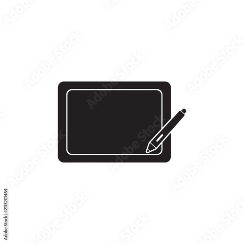 Black digital drawing tablet icon with a stylus pen