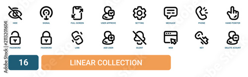 Set of 16 outline web Linear Collection icons such as delete acount, key, web, silent, add user, link, password vector icons for report, presentation, diagram, web design, mobile app