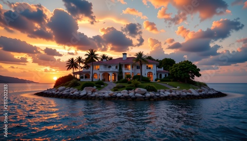 The image features a luxurious house situated on a small, rocky island surrounded by calm waters