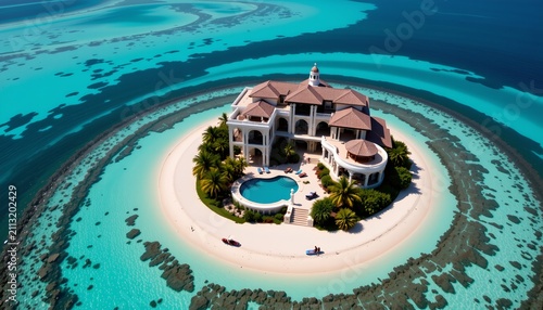 The image depicts an expansive, luxurious villa situated on a small, sandy island surrounded by clear, turquoise waters