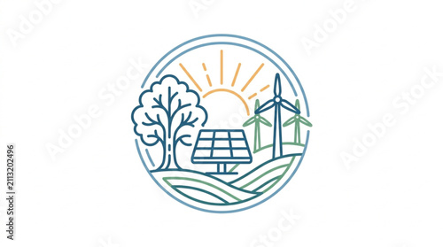 Renewable energy illustration with solar panels and wind turbines.